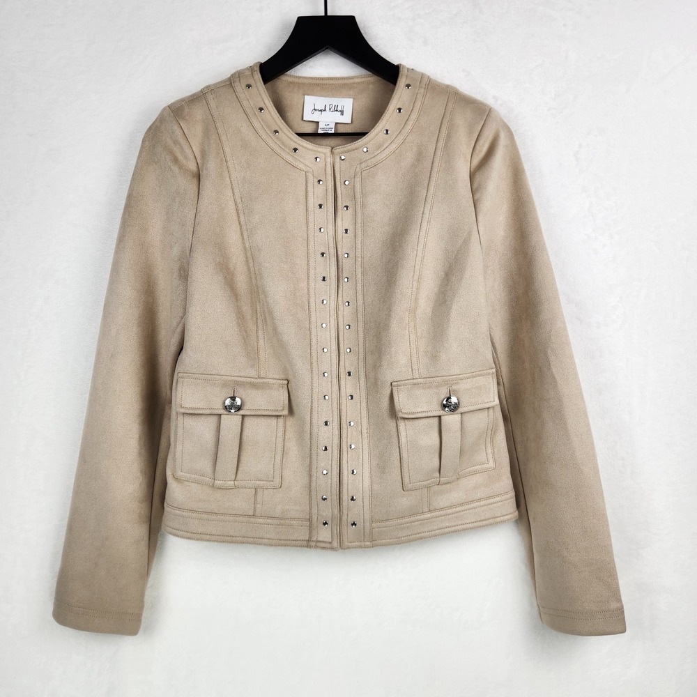 NWT Joseph Ribkoff Jacket Womens Small Tan Studded Faux Suede Chic Posh Military